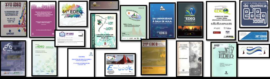 Logotipo da REDEQ com várias capas de anais de edeqs anteriores